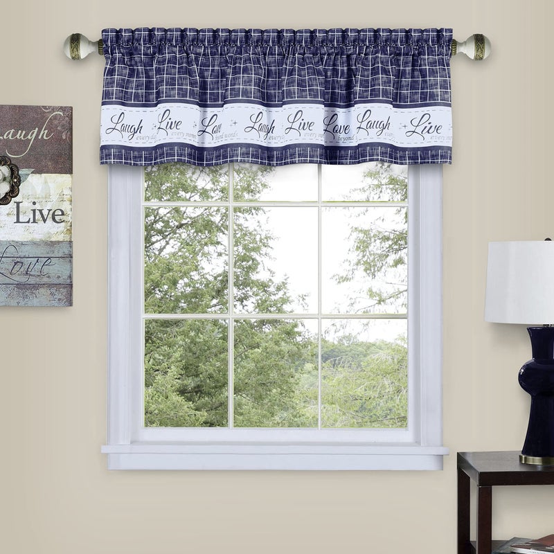 ACHIM Soft Valance Window Curtains - 58 Inch Width, 14 Inch Length - Live, Love Laugh (Navy) - Wrinkle-Free Light Filtering Polyester Drapes for Bedroom Living & Dining Room Home Decor - Image 1